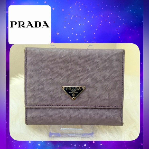 PRADA Logo Plate Saffiano Leather Trifold Purple Wallet - Picture 1 of 13